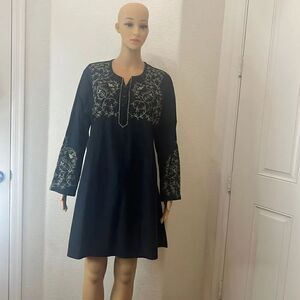 East Essence Size Large Tunic Top Black Gold Embroidered 3/4 Bell Sleeve